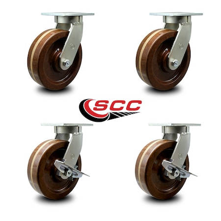 Service Caster 10 Inch Heavy Duty High Temp Phenolic Swivel Caster Set with 2 Brakes, 4PK SCC-KP92S1030-PHRHT-2-SLB-2